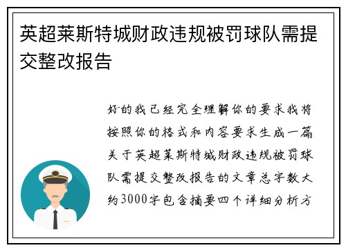 英超莱斯特城财政违规被罚球队需提交整改报告
