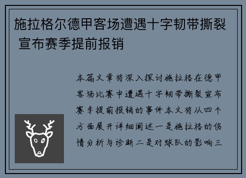 施拉格尔德甲客场遭遇十字韧带撕裂 宣布赛季提前报销 施拉格尔德甲客场遭遇十字韧带撕裂 宣布赛季提前报销